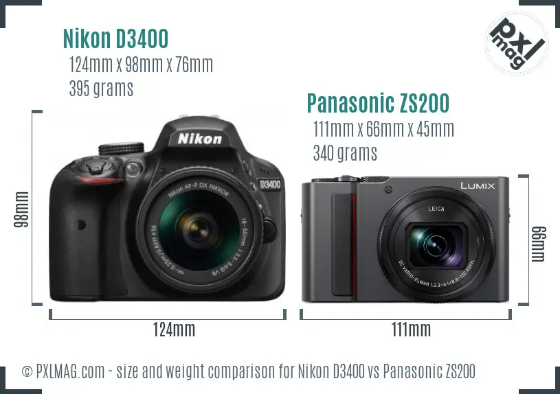 Nikon D3400 vs Panasonic ZS200 size comparison