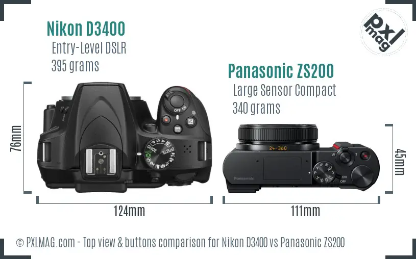 Nikon D3400 vs Panasonic ZS200 top view buttons comparison