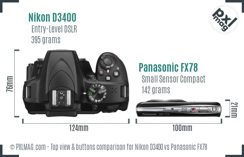 Nikon D3400 vs Panasonic FX78 top view buttons comparison