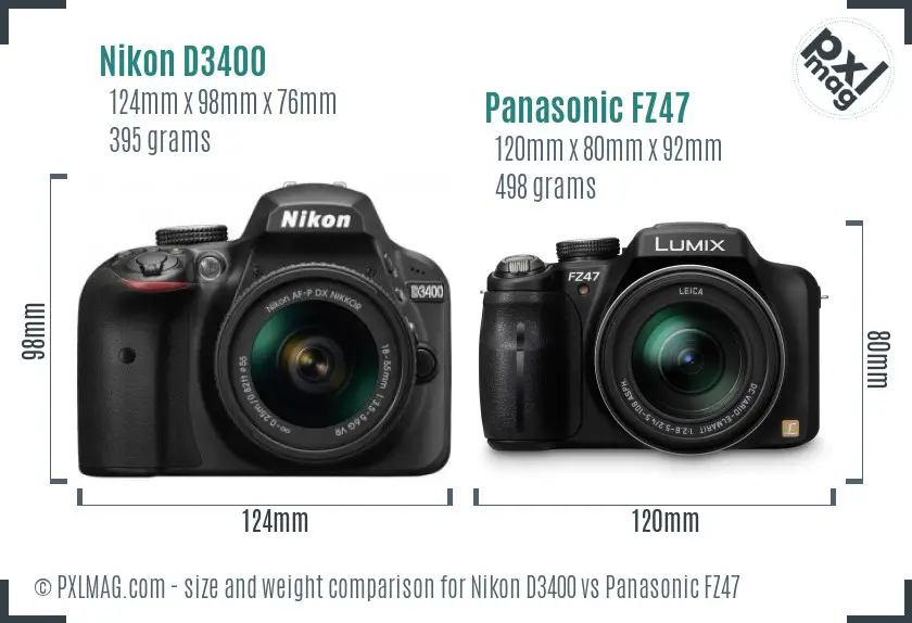 Nikon D3400 vs Panasonic FZ47 size comparison