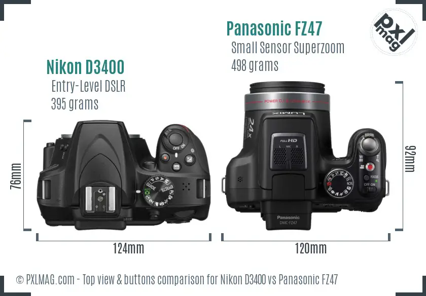 Nikon D3400 vs Panasonic FZ47 top view buttons comparison