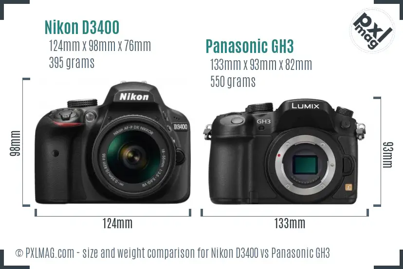 Nikon D3400 vs Panasonic GH3 size comparison