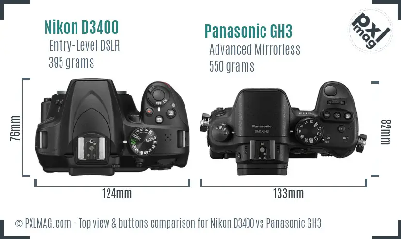 Nikon D3400 vs Panasonic GH3 top view buttons comparison