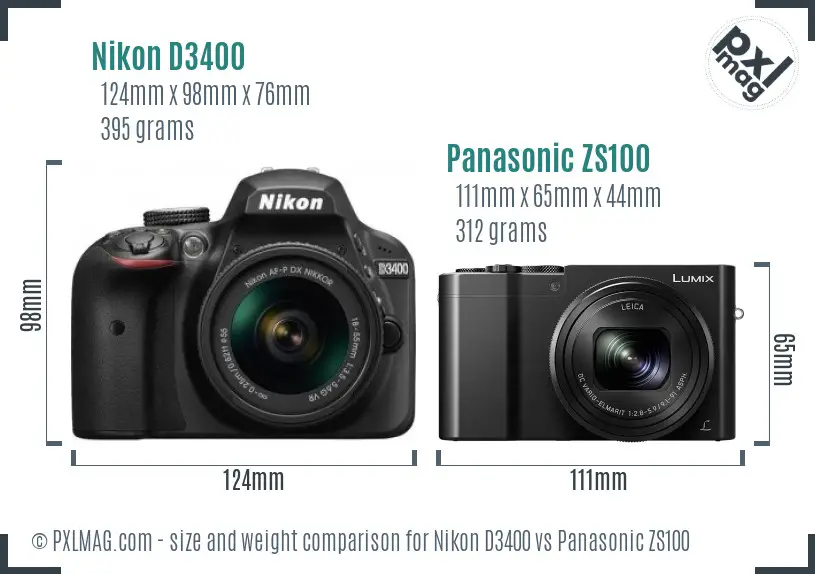 Nikon D3400 vs Panasonic ZS100 size comparison