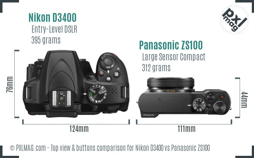 Nikon D3400 vs Panasonic ZS100 top view buttons comparison