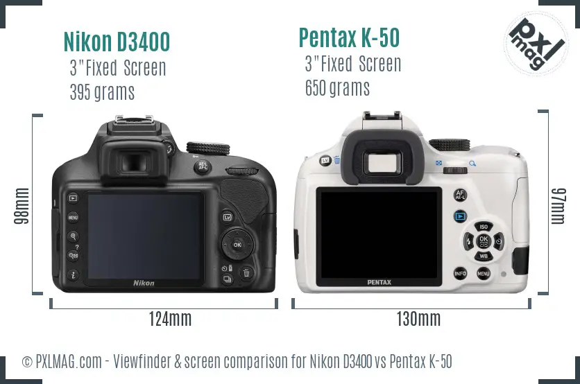 Nikon D3400 vs Pentax K-50 Screen and Viewfinder comparison