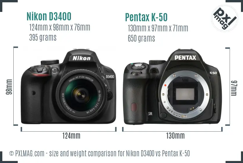 Nikon D3400 vs Pentax K-50 size comparison