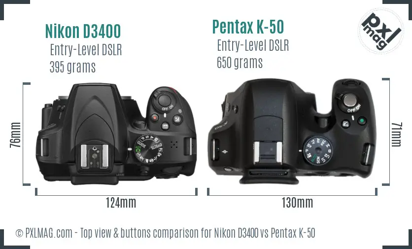 Nikon D3400 vs Pentax K-50 top view buttons comparison