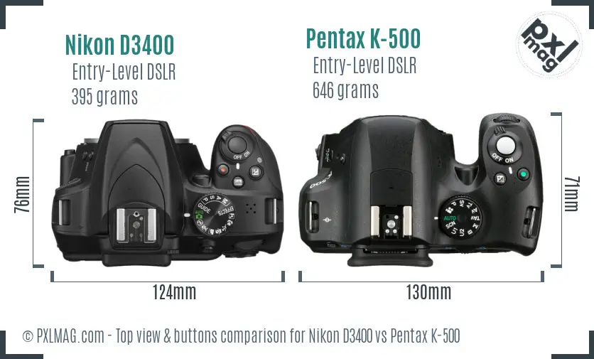 Nikon D3400 vs Pentax K-500 top view buttons comparison