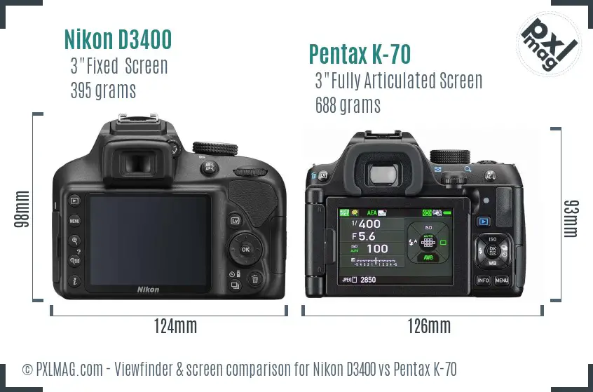 Nikon D3400 vs Pentax K-70 Screen and Viewfinder comparison