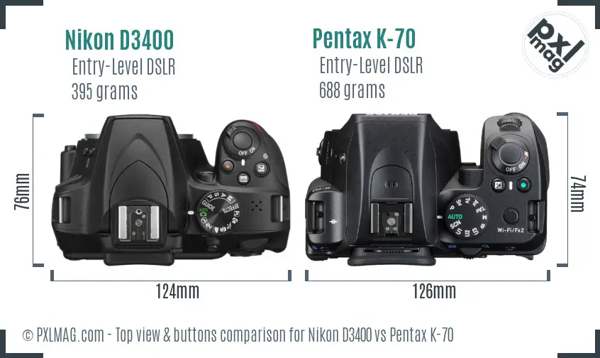 Nikon D3400 vs Pentax K-70 top view buttons comparison