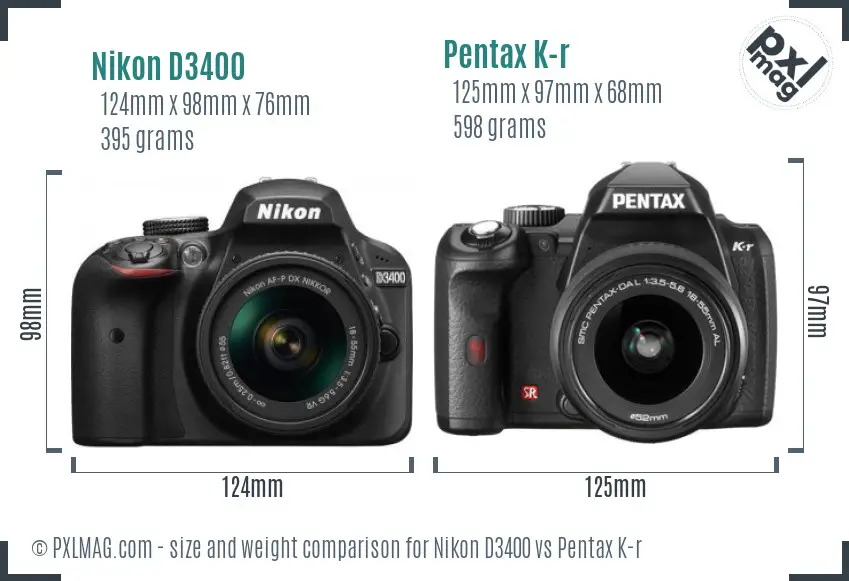 Nikon D3400 vs Pentax K-r size comparison