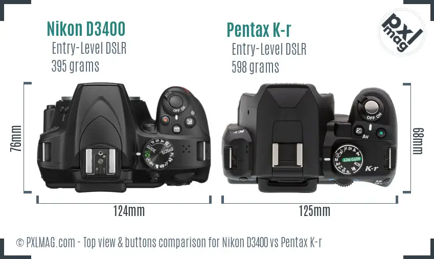 Nikon D3400 vs Pentax K-r top view buttons comparison