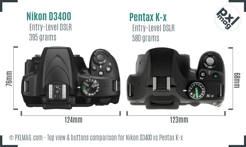 Nikon D3400 vs Pentax K-x top view buttons comparison