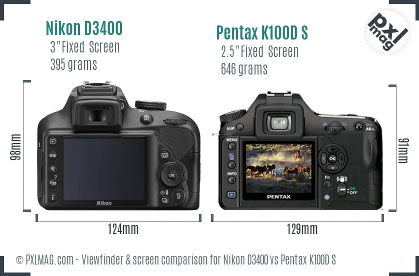 Nikon D3400 vs Pentax K100D S Screen and Viewfinder comparison