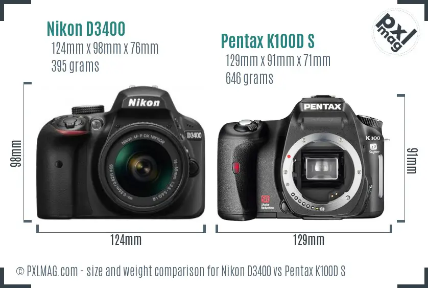 Nikon D3400 vs Pentax K100D S size comparison