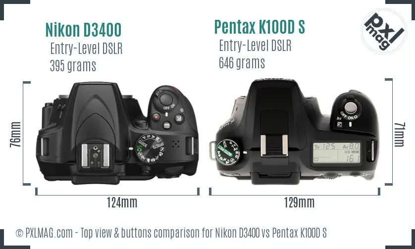 Nikon D3400 vs Pentax K100D S top view buttons comparison