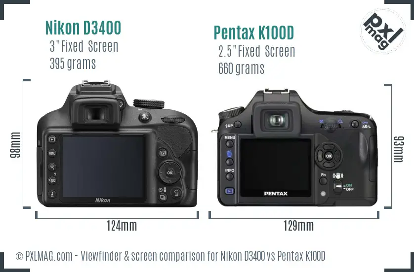 Nikon D3400 vs Pentax K100D Screen and Viewfinder comparison