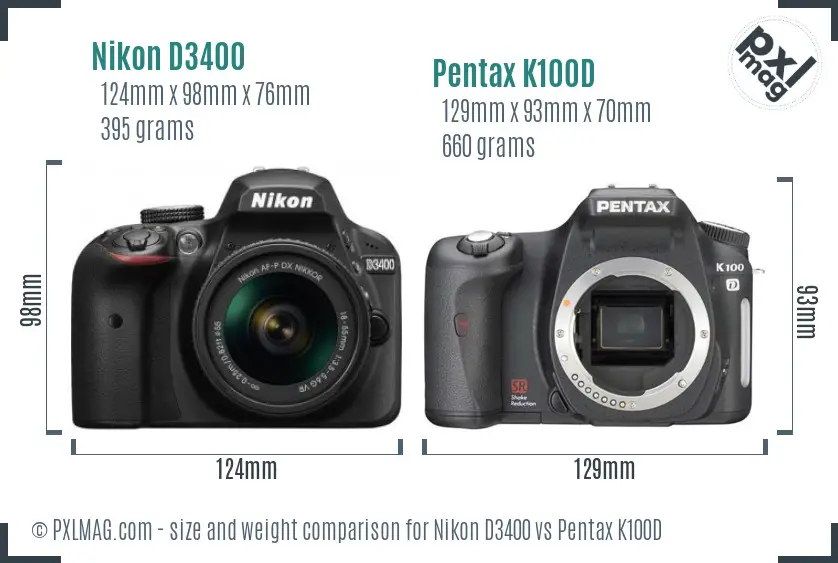 Nikon D3400 vs Pentax K100D size comparison