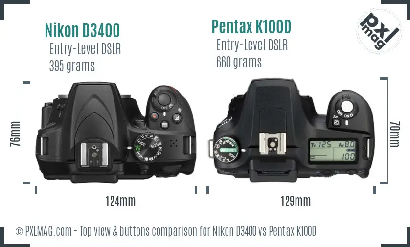 Nikon D3400 vs Pentax K100D top view buttons comparison