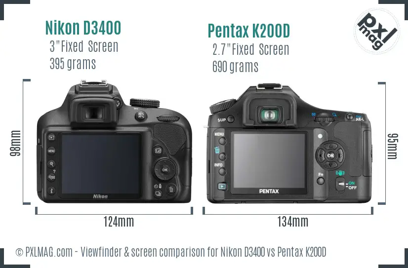 Nikon D3400 vs Pentax K200D Screen and Viewfinder comparison