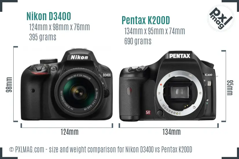 Nikon D3400 vs Pentax K200D size comparison
