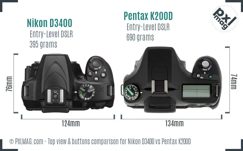 Nikon D3400 vs Pentax K200D top view buttons comparison