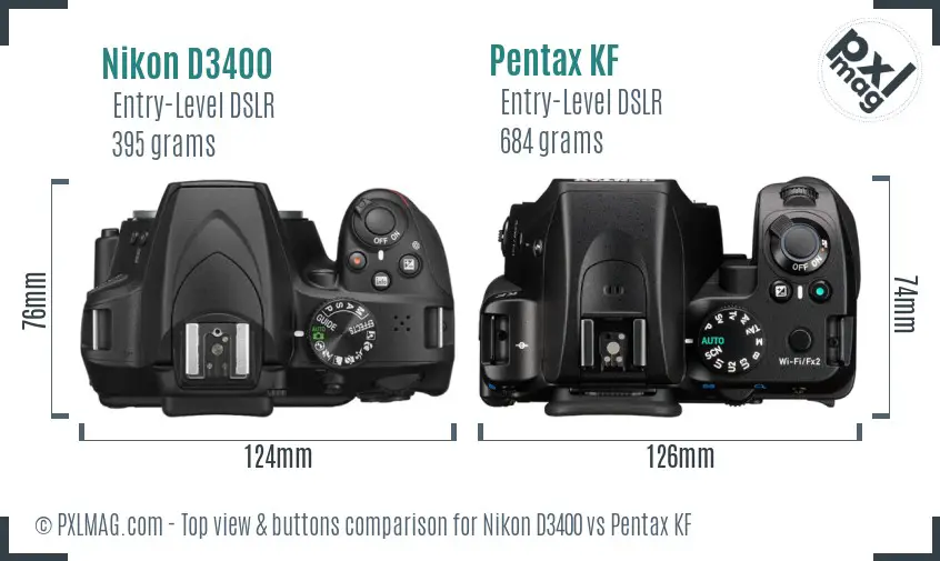 Nikon D3400 vs Pentax KF top view buttons comparison