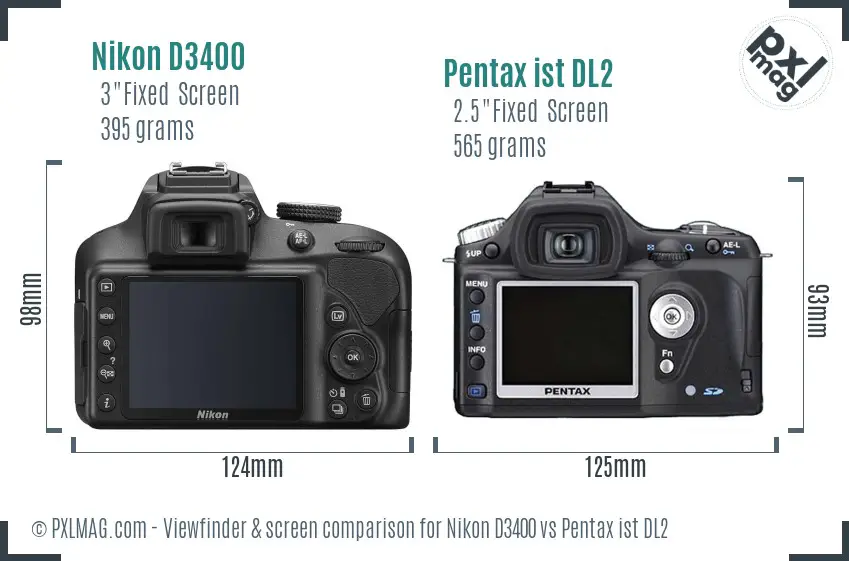 Nikon D3400 vs Pentax ist DL2 Screen and Viewfinder comparison