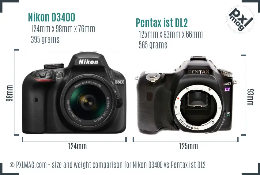 Nikon D3400 vs Pentax ist DL2 size comparison