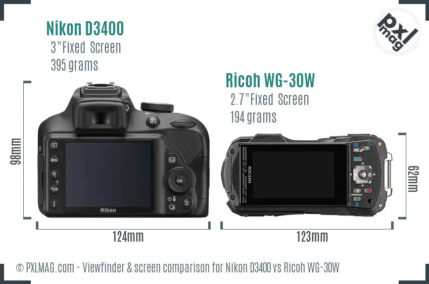 Nikon D3400 vs Ricoh WG-30W Screen and Viewfinder comparison