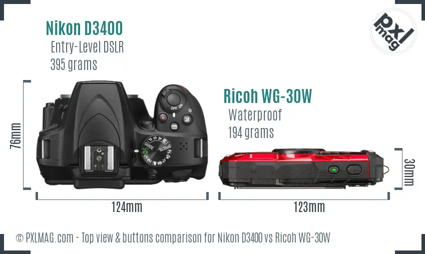 Nikon D3400 vs Ricoh WG-30W top view buttons comparison