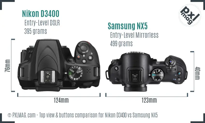 Nikon D3400 vs Samsung NX5 top view buttons comparison