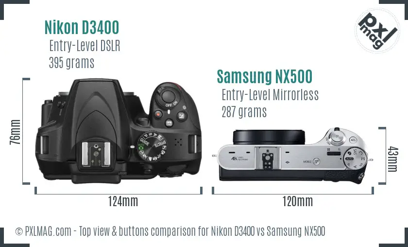 Nikon D3400 vs Samsung NX500 top view buttons comparison Nikon D3400 vs Samsung NX500 top view buttons comparison