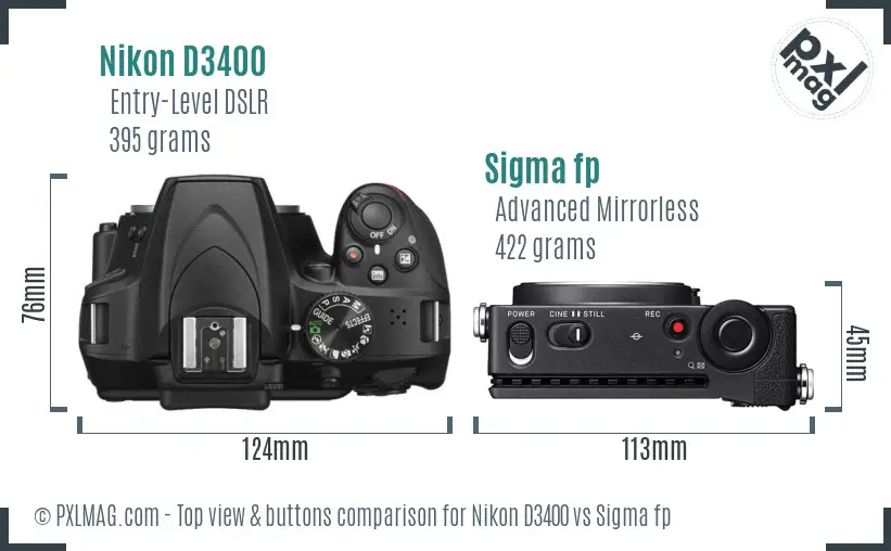 Nikon D3400 vs Sigma fp top view buttons comparison