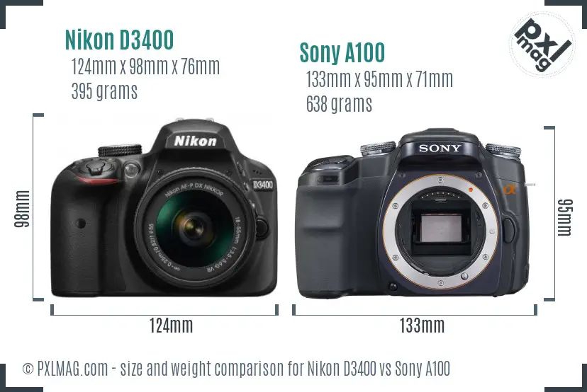 Nikon D3400 vs Sony A100 size comparison
