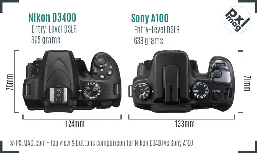 Nikon D3400 vs Sony A100 top view buttons comparison
