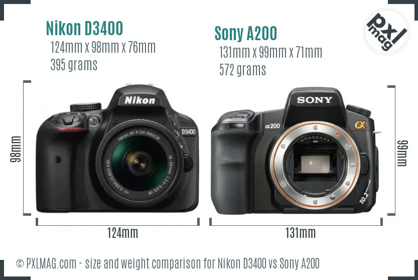 Nikon D3400 vs Sony A200 size comparison