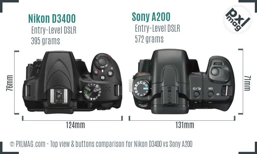 Nikon D3400 vs Sony A200 top view buttons comparison