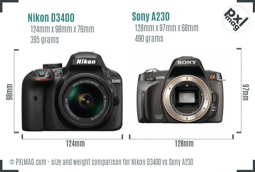 Nikon D3400 vs Sony A230 size comparison