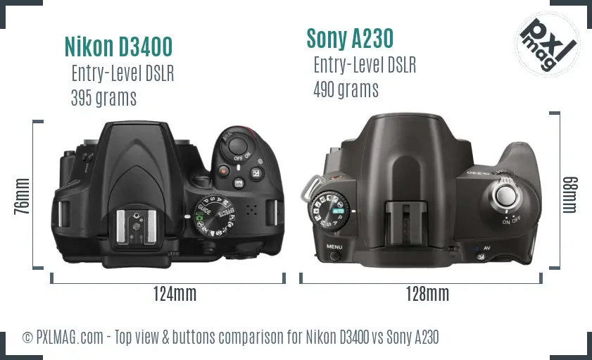 Nikon D3400 vs Sony A230 top view buttons comparison