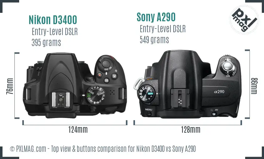 Nikon D3400 vs Sony A290 top view buttons comparison