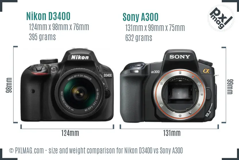 Nikon D3400 vs Sony A300 size comparison