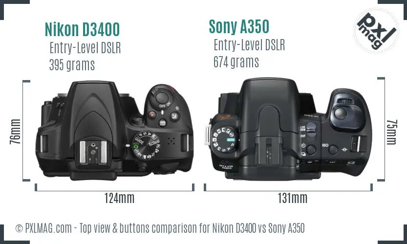 Nikon D3400 vs Sony A350 top view buttons comparison