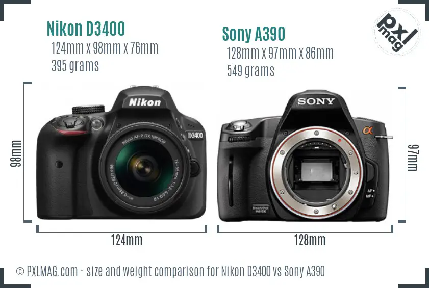 Nikon D3400 vs Sony A390 size comparison