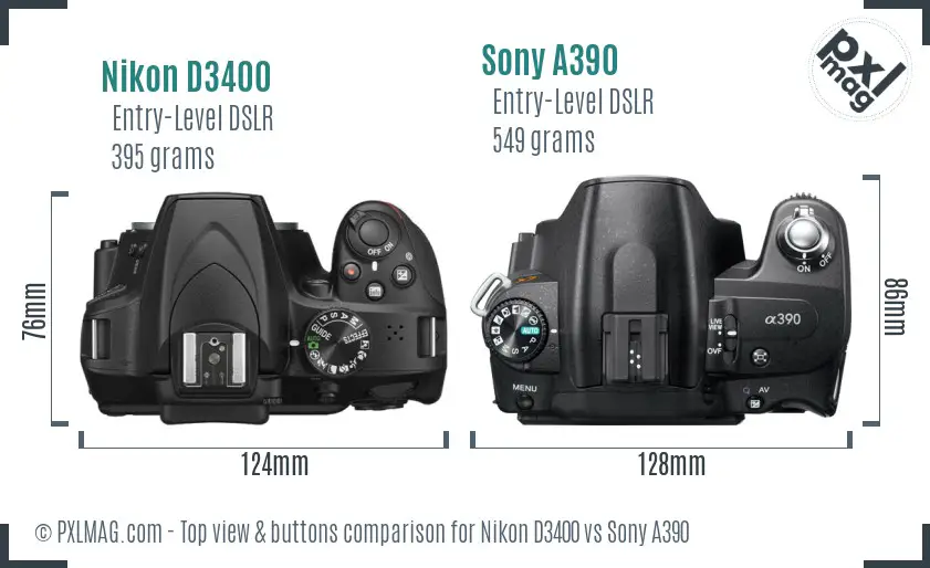 Nikon D3400 vs Sony A390 top view buttons comparison