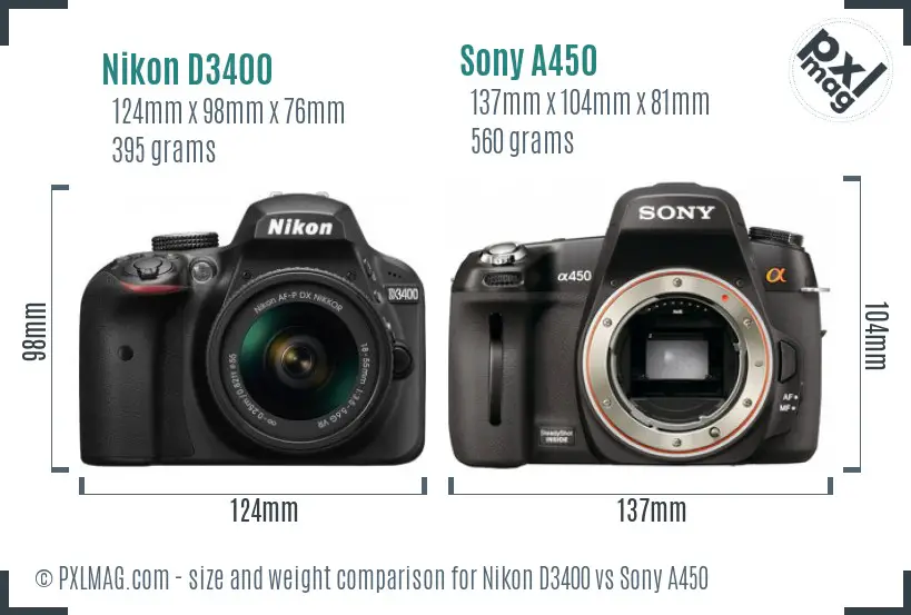 Nikon D3400 vs Sony A450 size comparison