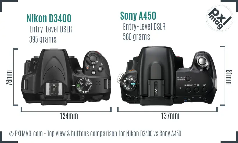 Nikon D3400 vs Sony A450 top view buttons comparison