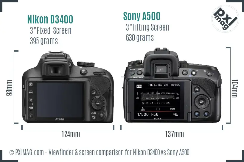 Nikon D3400 vs Sony A500 Screen and Viewfinder comparison