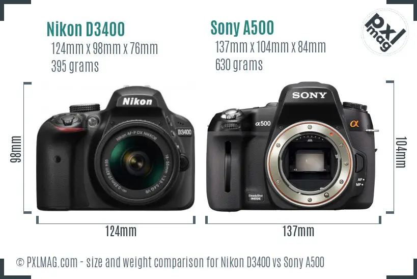 Nikon D3400 vs Sony A500 size comparison
